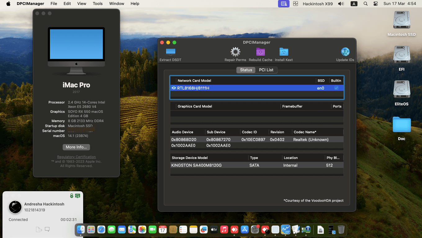 Success Hackintosh macOS Sonoma 14.4 Build 23E214 in Mougol X99-P4 + Intel Xeon E5 2680 V4 + Soyo Monarch Dragon RX 550